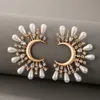 Clip-on & Screw Back Large Pearl Fan-shaped Diamond Set Earrings With Semi-circular Alloy