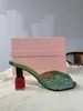 2022 New Leather Sheepskin Sandals Nail Polish Bottle Chunky High Heels Pumps Women Slipper Summer Sequined Cloth Open Toe Peep-toes Size 34-43 Slip-on Party