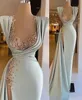 Vintage Sage Green Mermaid Prom Eccase Dresses With Side Train 2022 Sexig slitsmatt Stain spetsspetspärlor Aso Ebi Evening Dress Gown