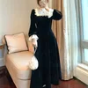 Французский ретро черный MIDI-дратор элегантное платье корейский осень тонкий кружевной вечеринка бархатное платье женское мило 220317