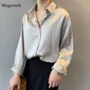 Jedwabny koreański biurowy damski elegancka koszula bluzka dla kobiet mody guzika satynowa koszula vintage biała koszule z długim rękawem Tops 11355 220725