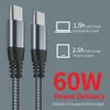 USB Type-C к кабельному нейлоному нейлоному нейлоновому плетению PD60W 3A 5GPS USB 480 скорость передачи данных быстрое зарядное устройство для MacBook Oculus Quest 2