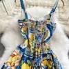 Summer Casual Dresses Women 2023 Fashion Bohemian Long Dresses Vacation Elegant Sexy Strap Lemon Print Plus Size