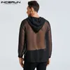 Occun Fashion Men Mesh T-shirt Hooded See Through Long Mouw Casual Tops Sexy Streetwear Losse Nachtclub Party Mens T-shirts 220407