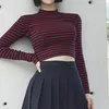 T-shirt Femme Crop Tops Femmes 2022 Chic All-Match Classic Stripe Slim Court Bustier Top Col Roulé À Manches Longues Chemises Sexy TeeWomen's