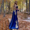 Elegant Karakou Moroccan Kaftan Evening Dresses For Women Split Royal Blue Velvet Prom Gowns Gold Lace Appliques Long Arabic Dubai 2 In 1 Celebrity Party Wear 2022