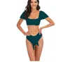 Sexy Set Bikini 2022 Nowy 2 Sztuka Kobiet Swimsuit Solid Color Krótki Rękaw Puff Summer High Waist Cuts Backless Bathing Suit Beachwear