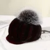 Women Winter Fur Hat Real Mink Peaked Cap Fox Pompom Knight Hat Grey Black