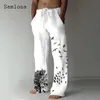 Samlona Pantalones de lino con diseño de bolsillo para hombre Pantalón suelto con cordón Talla grande 3XL Pantalones de chándal con estampado de plumas y pájaros a la moda para hombre 220524