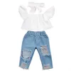 Kleding Baby Girl Kids Set Flying Sleeve White Top gescheurde jeans denim broek bogen hoofdband 3 stcs sets voor kinderen designer kleding meisjes