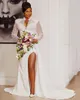 High Split Mermaid Wedding Dresses V Neck Full Sleeve Beaded Illusion Bridal Gowns Custom Made White Satin Dress