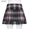 Lace Up Goth Y2K Donna Gonne Pink Stripe Plaid Lace Trim Gonna a pieghe Scuola Punk Dark Academia Estetica E Vestiti per ragazza 220505