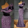 Lilac Lavender Sequins Mermaid Evening Dresses Ruffles One Shoulder Sparkly Arabic Aso Ebi Prom Party Second Engagament Dress In Stock