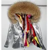 Konijn bekleed Parka Silver Pu Real Coat Winter Jacket Dames natuurlijke wasbeer bont kraag warme parka's 201125