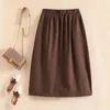 Skirts 2022 Spring Autumn Arts Style Women Elastic Waist Knee-length Loose Single-breasted Casual A-line Cotton Linen Skirt V425