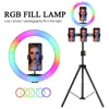 Live Selfie Lights Tripod Stand Holder 210cm +10 tum RBG Ringlampa Justerbar + Inside Clip Holder för mobiltelefon