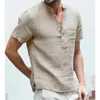 Camicie Henley in cotone e lino da uomo T-shirt da spiaggia hippie casual a maniche corte con bottoni