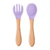 Kids Fork Silicone Food Grade Solid Color Safety Wood Baby Food-Feeding Tool Children Tableware Utensils Non-Slip Dinner Fork