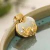 Womens Vietnam Placer Gold Gilding Ancient Heritage Gold Inlaid Hetian White Jade Lotus Leaf Fish Lock of Good Wishes Pendant Neck331P