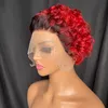 Vonder Hair Maleisische Peruaanse Indiase Braziliaanse 1B Red 100% RAW Virgin Remy Human Hair Pixie Curly Cut 13x1 Korte pruik P33