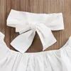 Giysiler kız bebek çocuklar set uçan kol beyaz üst yırtık kot pantolon pantolon bows headband 3pcs set çocuklar tasarımcı kıyafetleri kızlar