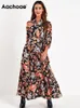 Aachoae vintage çiçek baskısı maxi elbise kadın boho üç çeyrek kollu uzun elbise geri dönme yaka gündelik gömlek elbiseleri robe 220531
