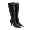 Черные колена высокие каголевые сапоги дизайнерская женщина сексуальные заклепки заостренные пальцы моды Martin Boot Side Zipper Зимние длинные пинетки eu40