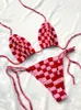 Women's Swimwear Plaid Bikinis 2022 Knitted Swimsuit Women Lace Up Halter Push Bath Suit Sexy Thong Bikini Set Cotton Crochet Biquini