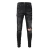 2024 Fits Man Skinny Jeans Denim Black Letters Knee Ripped with Holes Slim for Guys Mens Biker Motorcycle Straight Leg Distress Hip Hop Pants Sof