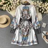 Casual Dresses French Style Women Elegant Party Single Breasted Long Sleeve Print High midje Vintage Dress 2022 Holiday A-Line Slim Dresscas