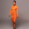 CNYISHE Automne Femmes Sortir Robe De Mode Cordon Froncé Robes Femmes Néon Orange O-cou À Manches Longues Robe Midi Robes 220510