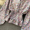 스프링 패션 디자인 여성 랜턴 긴 소매 v 넥 프린트 꽃 슬림 허리 키폰 블라우스 셔츠 탑