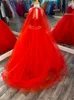 Crystals Girl Pageant Dress 2022 Ballgown AB Stone Red Organza little Kid Birthday Formal Party Gown Toddler Teens Preteen with Tulle Cape Halter Neck Keyhole ritze