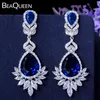 Beaqueen luksusowy królewski niebieski woda kropla cZ Kryształowa biżuteria ślubna długie kolczyki ślubne z przezroczystą cyrkonią sześcienną e081