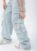 Lichtkleurige gereedschap jeans dames zomer Amerikaans retro ontwerp multi-pocket hoge taille wijd been neutrale denim broek vrouwelijk T220728