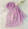 Sciarpa solida da donna in chiffon con fiori di diamanti Hijab tinta unita Sciarpa islamica con perle Avvolge Foulard con fascia per capelli