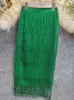 Fringe Verde Bodycon Lápis Saias Tassel Cintura Alta Mulheres Estiramento Bainha MIDI Comprimento Senhoras Slim Jupe Saias Faldas Grande Tamanho 220322