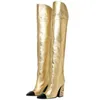 Stövlar guld över knä helt nya europeiska och amerikanska damer bankettparti dij höga klackar strass metall dekorativ 220709