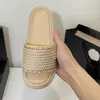 35-41 Taglie Donna Tweed Pelle Scivoli intrecciati in paglia Sandali Slip on Zeppa Appartamenti Moda Spiaggia Mulo Marca Infradito Scivoli casual Scarpe Piattaforma Catena Cursore in gomma