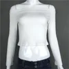 Women Long Sleeve Crop Tops Sexy Basic Solid Black White Lady Casual Tshirt Off Shoulder T Shirts Summer Autumn 220402