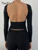 Camiseta feminina tiulzial sem costas Y2K Mulheres de manga longa Caminhada de colheita preta cortada o pescoço magro camise