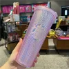 24oz Personalized Starbucks Mugs With Logo Iridescent Bling Rainbow Unicorn Studded Cold Cup Tumbler Coffee Mug with Straw Reusable