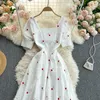 Summer Embroidery Floral Dress Women Square Collar Short Sleeve Hollow Out Midi Dress Elegant Casual Sexy Club Dresses 2022
