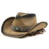 Cappello di paglia da cowboy fatto a mano scavato Donna Uomo Estate Cappelli da spiaggia da viaggio all'aperto Cappellino parasole occidentale solido unisex