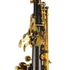 Hochwertiges, gerades Saxophon mit schwarzem, vernickeltem Korpus und Goldlack-Klappe. Sopransaxophon