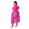 Plus Size Tulle Shirts Dresses for Women Short Sleeve Button Down Blouses Tops Mesh Patchwork Ruched Belted Maxi Dress