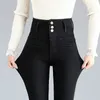 Дамы супер высокие талию сексуальные скинни -джинсы зимние ретро -синие черные толстые эластичные джинсовые брюки 220526