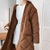 2021 Winter New Korean Style Long Cotton Quilted Jacket Women Casual Stand-Up Collar Argyle Pattern Oversized Parka Chic Jacket L220725