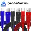 1M 2M 3M snabba mobiltelefonkablar tyglegering Metall USB -kablar typ C Micro V8 5PIN CABLE TRIE för Samsung S7 S8 Edge S9 S10 Obs 9 LG Xiaomi Huawei