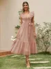 Casual Dresses Simple V-ringning Mesh Polka Dot Summer Tulle Party Dress Women rygglös rosa ruffle ärmlös elegant sash maxi vestidocasual